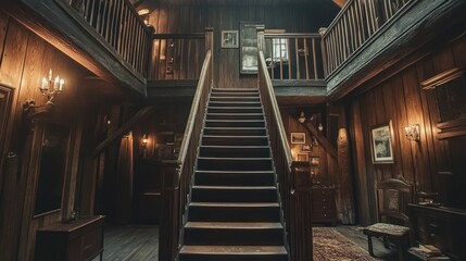 Wooden Staircase in a Rustic Cabin