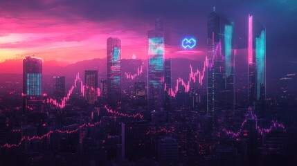 Obraz premium A futuristic cityscape with skyscrapers and digital graphs, highlighting technology and finance.