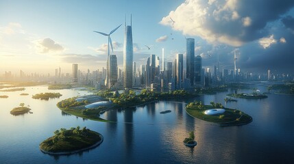 Naklejka premium Futuristic Cityscape with Wind Turbine and Islands