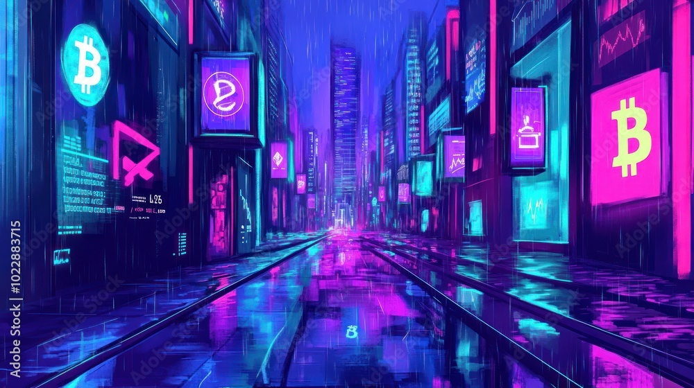 Wall mural A vibrant, neon-lit cityscape reflecting cryptocurrency themes in a futuristic setting.