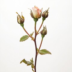 Fototapeta premium A single Rosa rugosa stem surrounded by buds, close-up, detailed shot, against a white background