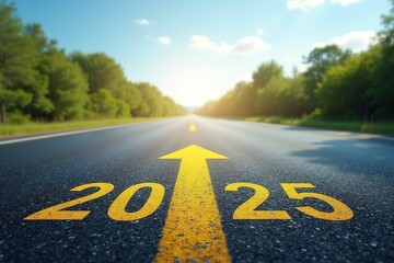 Obraz premium Asphalt road with a '2025' arrow, pointing towards the future amidst a beautiful natural landscape. Clear skies and wide view represent anticipation for new resolutions and future plans.