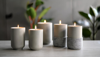 Burning candles in concrete holders. Minimalist modern design.