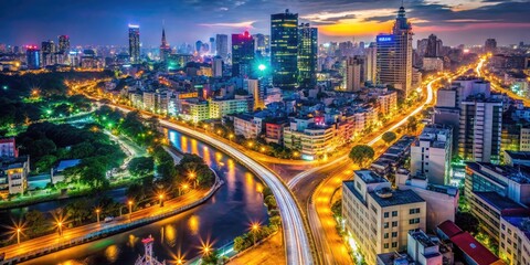 Obraz premium Vibrant Nightscape of Saigon: Illuminated Streets and City Lights Create a Lively Atmosphere