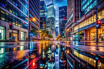 Fototapeta premium Vibrant Nighttime Street Scene in a Modern City with Illuminated Buildings and Calm Atmosphere