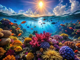 Vibrant Ocean Zone with Coral Reefs, Diverse Marine Life, and Crystal Clear Blue Waters Below Surface