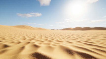 vast desert landscape with gentle sand dunes under bright blue sky and soft clouds. sunlight creates warm and inviting atmosphere, highlighting textures of sand