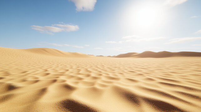 vast desert landscape with gentle sand dunes under bright blue sky and soft clouds. sunlight creates warm and inviting atmosphere, highlighting textures of sand
