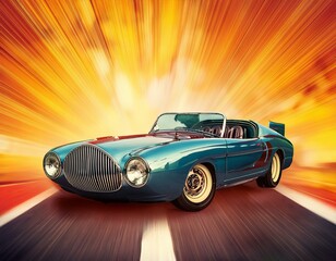 Obraz premium Retro race car on road and colorful background. Comic book style 