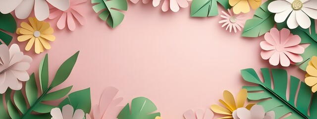 Photo of a blank card surrounded by cutout paper flowers and leaves on a pastel background, in a flat lay composition