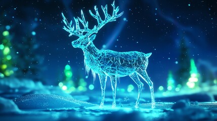 Glowing deer silhouette on snowy landscape, magical winter scene, ethereal atmosphere.