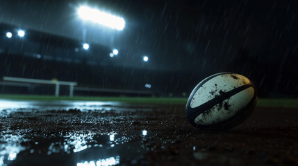 rugby ball rests on muddy field under rain, illuminated by stadium lights in background. scene captures intensity and atmosphere of night game
