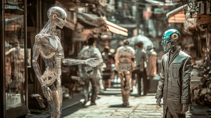 Obraz premium People in a futuristic sci-fi simulation world of androids, robots, cyborgs, biohacks, and avant-garde high-tech