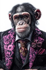 An elegant chimpanzee in a suit, isolate on white background, blending wildness with sophistication.