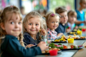Fototapeta premium A group of cheerful children sit at a long table, smiling and engaged while enjoying a colorful, healthy lunch filled with various foods and vibrant decorations around them.