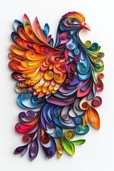 Obraz premium A multicolored paper art pigeon, isolate on white background, featuring vibrant paper layers.