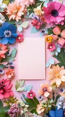 Obraz premium Photo of a blank card surrounded by cutout paper flowers and leaves on a pastel background, in a flat lay composition