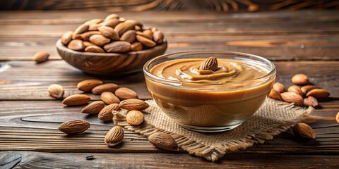 Obraz premium A bowl of smooth, creamy almond butter nestled on a rustic wooden table, surrounded by whole almonds, a delightful and healthy treat.