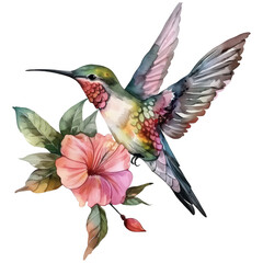 A colorful hummingbird is perched on a pink flower