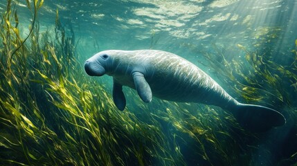 Manatee Swimming Through Seagrass
