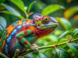 Fototapeta premium Vibrant Pied Chameleon Perched on Branch Surrounded by Lush Green Foliage in Natural Habitat