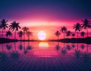 Naklejka premium Sunset on tropical island sea beach panorama, ocean sunrise panoramic landscape