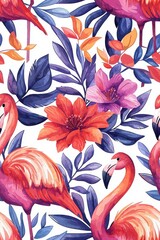 A watercolor seamless pattern of flamingos, isolate on white background, featuring soft pink tones and elegant brushstrokes.