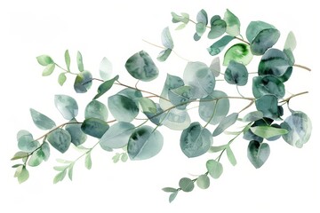 Obraz premium A collection of delicate eucalyptus leaves in various shades of green, beautifully arranged, creating a calming and natural aesthetic suitable for decoration or design projects.