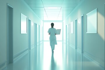 A woman in a white uniform walks down a hallway with a clipboard in her hand