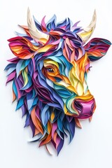 A multicolored paper art cow, isolate on white background, crafted with various paper textures and shades.