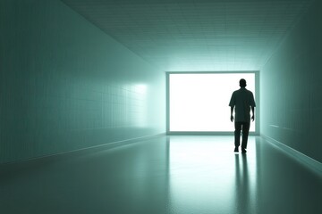 A man walks down a long, empty hallway