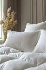 Made Duvets with White Pillows on Designer Bed, Close-Up Details