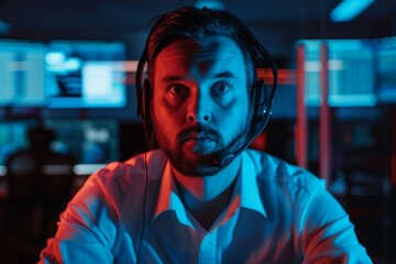 A man is deeply engaged in his work while wearing a headset, surrounded by illuminated screens that create a vibrant atmosphere in a dark control room setting.