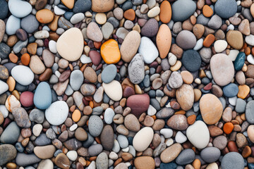 Naklejka premium Processed collage of beach shore pebbles surface texture. Background for banner, backdrop