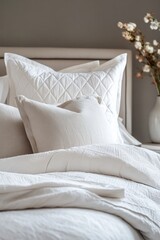 Made Duvets with White Pillows on Designer Bed, Close-Up Details