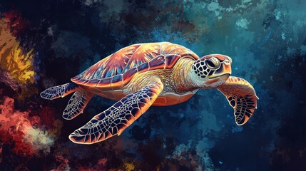 Fototapeta premium Sea Turtle in a Colorful Underwater World