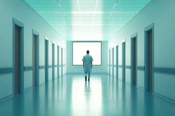 Fototapeta premium A man walks down a long, empty hallway