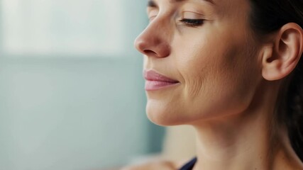 Young woman standing by a window, eyes closed, breathing deeply, feeling relaxed and peaceful in the fresh air. Capturing wellness and calm, embodying tranquility and serenity