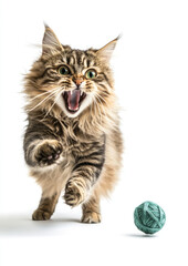 Excited Fluffy Cat Chasing a Small Ball of Yarn with Playful Antics