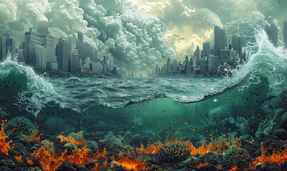 Obraz premium Urban Water Pollution Impact on Marine Life: City Skyline, Ocean Waves, Coral Reefs and Fire, Environmental Degradation Concept, Dramatic Sunset