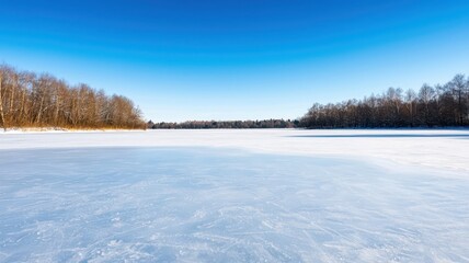 A serene frozen lake beneath a clear, open sky, providing a tranquil winter landscape.