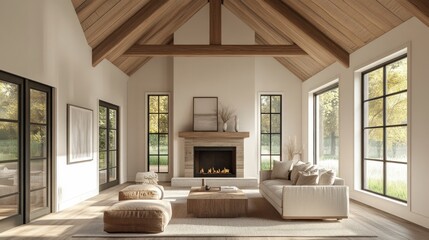 Modern Farmhouse Living Room with Fireplace and Large Windows