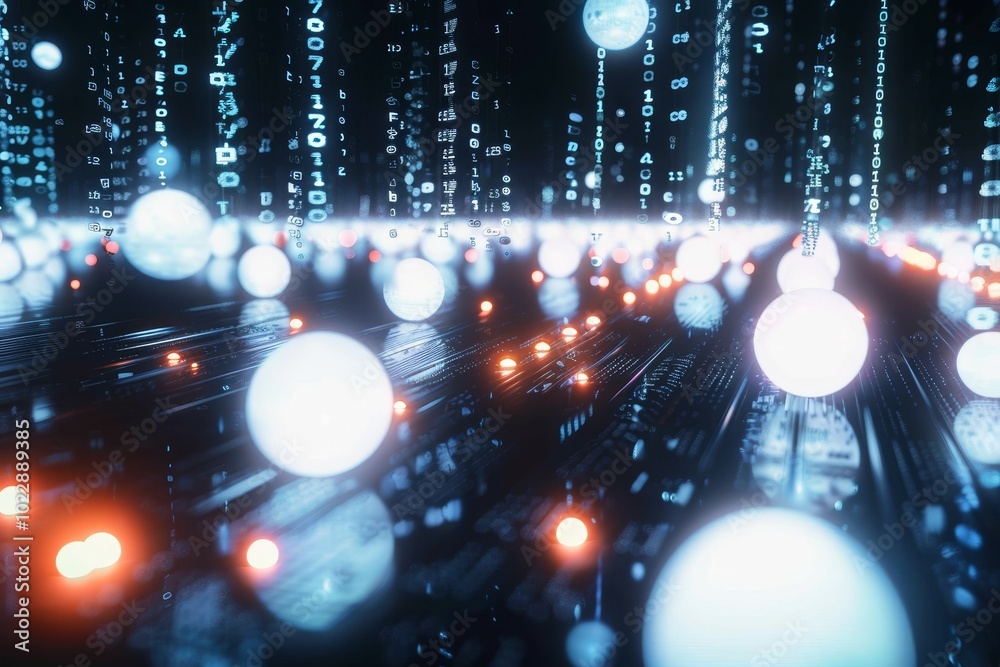Poster a vibrant display of glowing orbs scattered across a digital landscape, intertwined with flowing bin