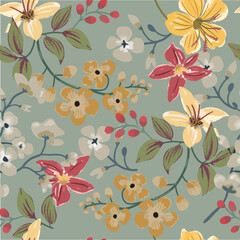 Beautiful vintage orchid floral on green background seamless pattern