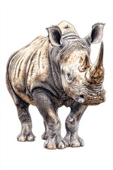 Fototapeta premium A rhinoceros standing proudly, isolate on white background, highlighting its impressive size and unique features.