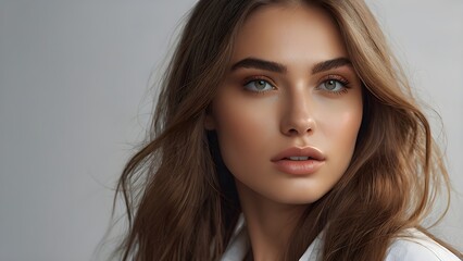 Fototapeta premium A stunning woman with long brown hair and striking blue eyes, confidently showcasing her radiant skin in a portrait