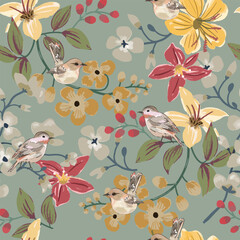 Cute bird in vintage retro flower forest seamless background