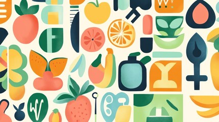A vibrant collage of colorful fruits, vegetables, and abstract shapes.