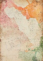 Abstract Vintage Paper with Faded Writing and Watercolor Stains