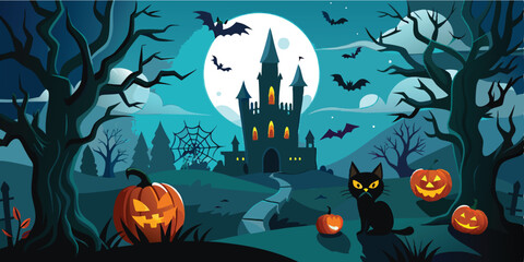 Haunted Halloween Castle Night Sky Bats Pumpkins